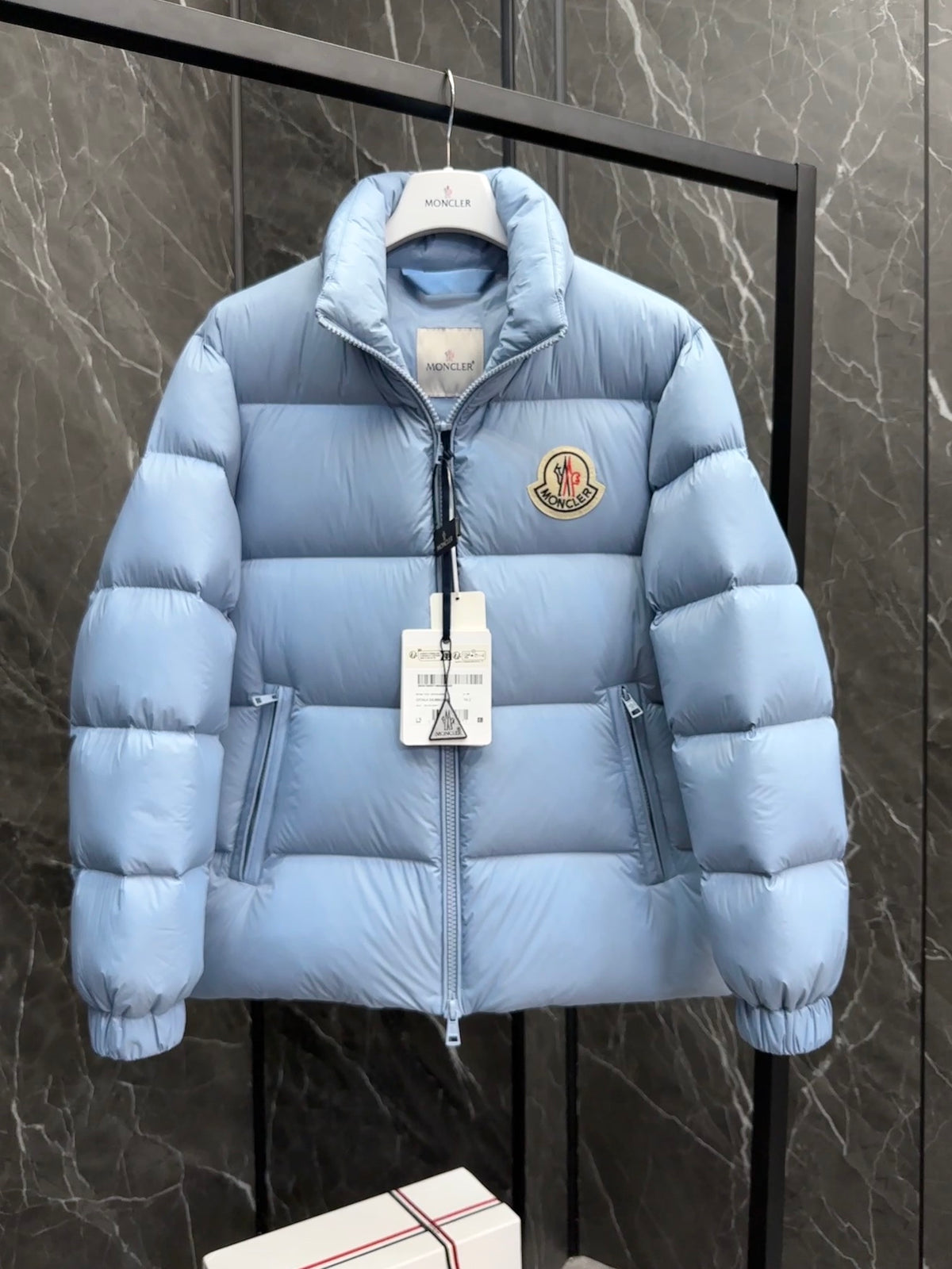 Moncler Large-Logo Stand-Collar Puffer Jacket in Light Blue