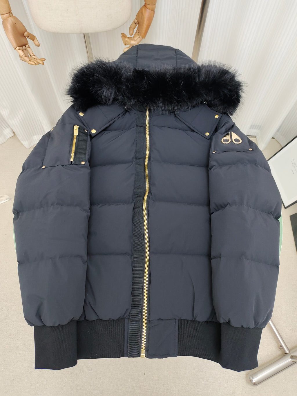 Moose Knuckles Charcoal Hooded Puffer Bomber Jacket
