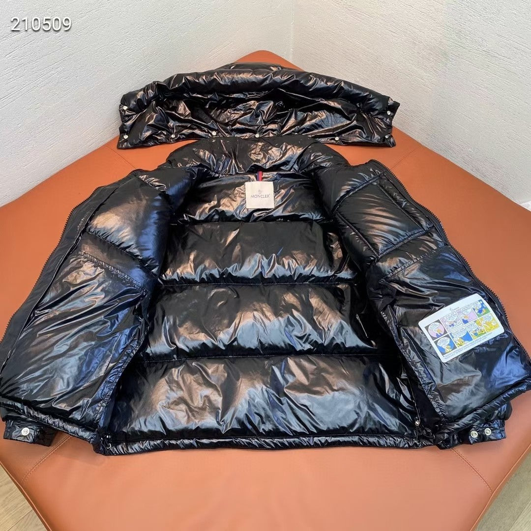 Moncler Black Glossy Puffer Jacket with Tricolor Zip Detail