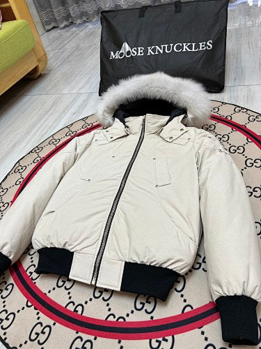 Moose Knuckles Men's Hooded Bomber Jacket | White & Black