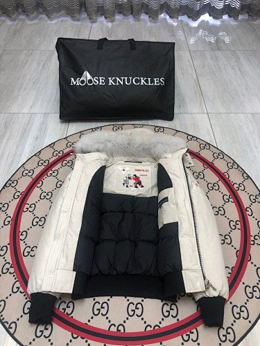Moose Knuckles Men's Hooded Bomber Jacket | White & Black