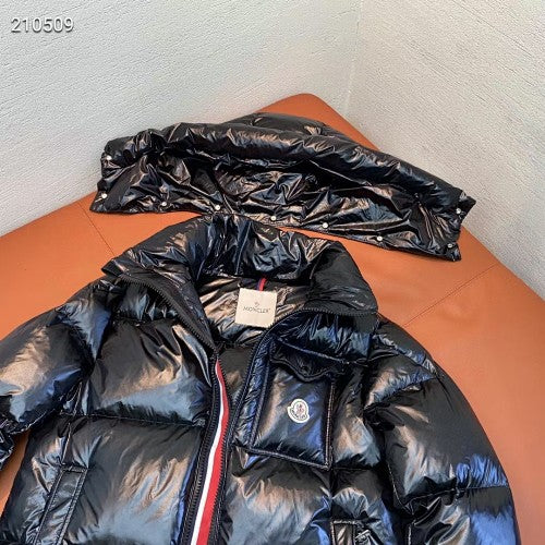 Moncler Black Glossy Puffer Jacket with Tricolor Zip Detail