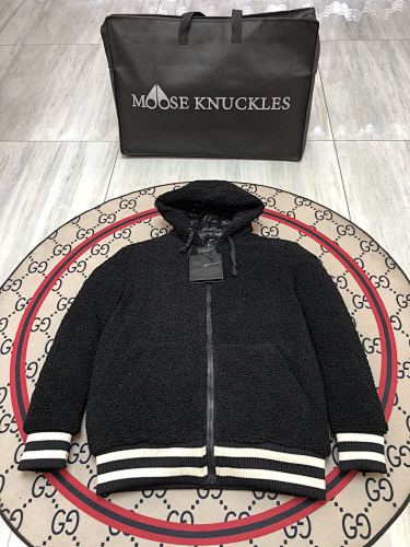 Moose Knuckles Hooded Sherpa-Style Zip Jacket with Striped Trim