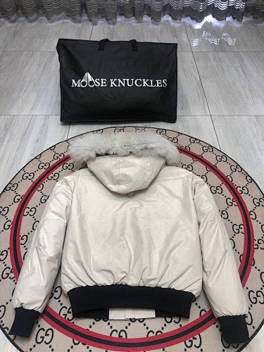 Moose Knuckles Men's Hooded Bomber Jacket | White & Black