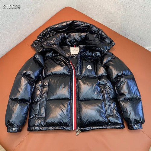 Moncler Black Glossy Puffer Jacket with Tricolor Zip Detail
