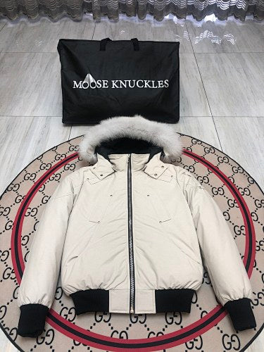 Moose Knuckles Men's Hooded Bomber Jacket | White & Black