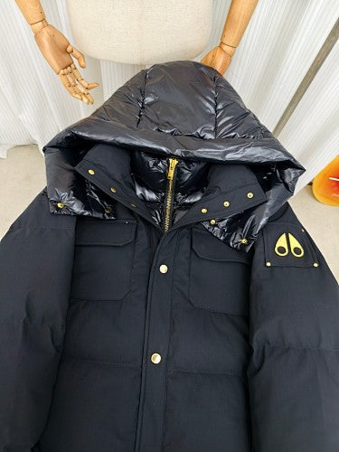 Moose Knuckles Black Hooded Puffer Jacket with Gold-Tone Details