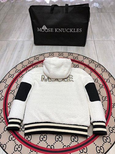 Moose Knuckles Hooded Sherpa-Style Zip Jacket with Striped Trim