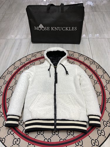 Moose Knuckles Hooded Sherpa-Style Zip Jacket with Striped Trim