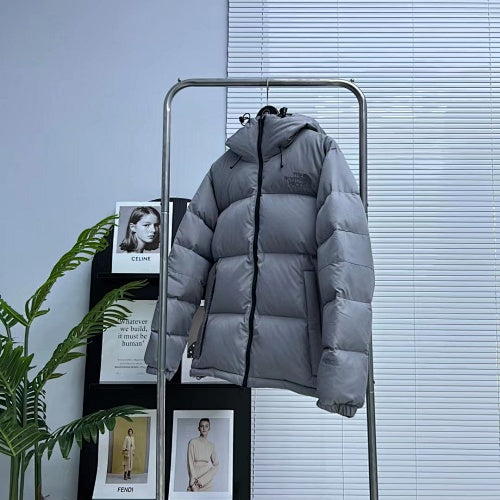 The North Face Gray Hooded Puffer Jacket with Tonal Logos