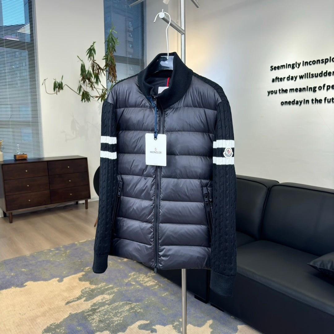 Moncler Quilted Knit Hybrid Jacket with Striped Sleeves