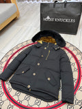 Moose Knuckles Men's Black Hooded Puffer Jacket with Gold-Tone Details