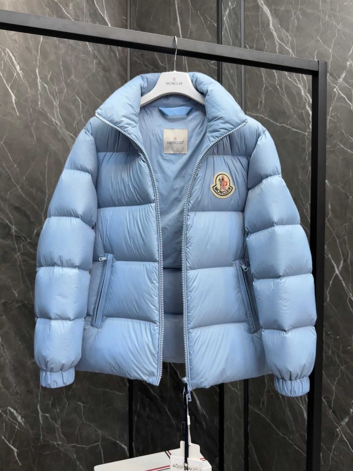 Moncler Large-Logo Stand-Collar Puffer Jacket in Light Blue