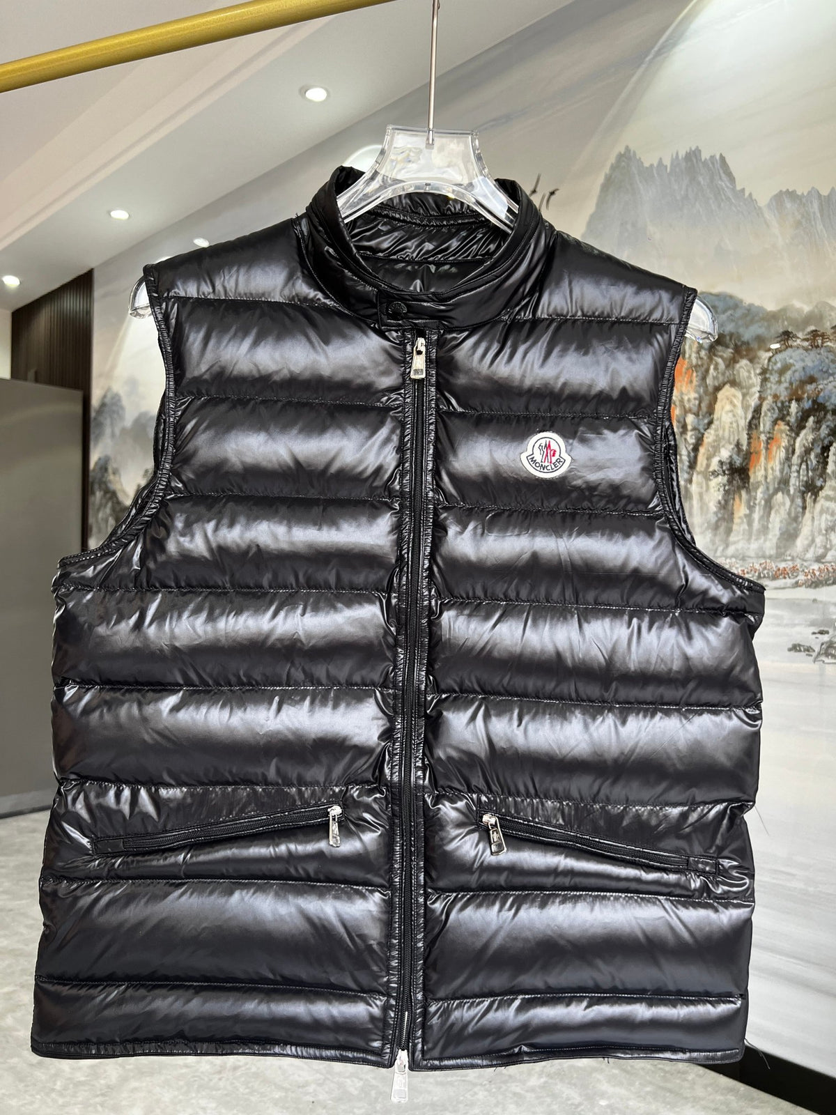 Moncler Glossy Puffer Vest with Angled Zip Pockets in Black