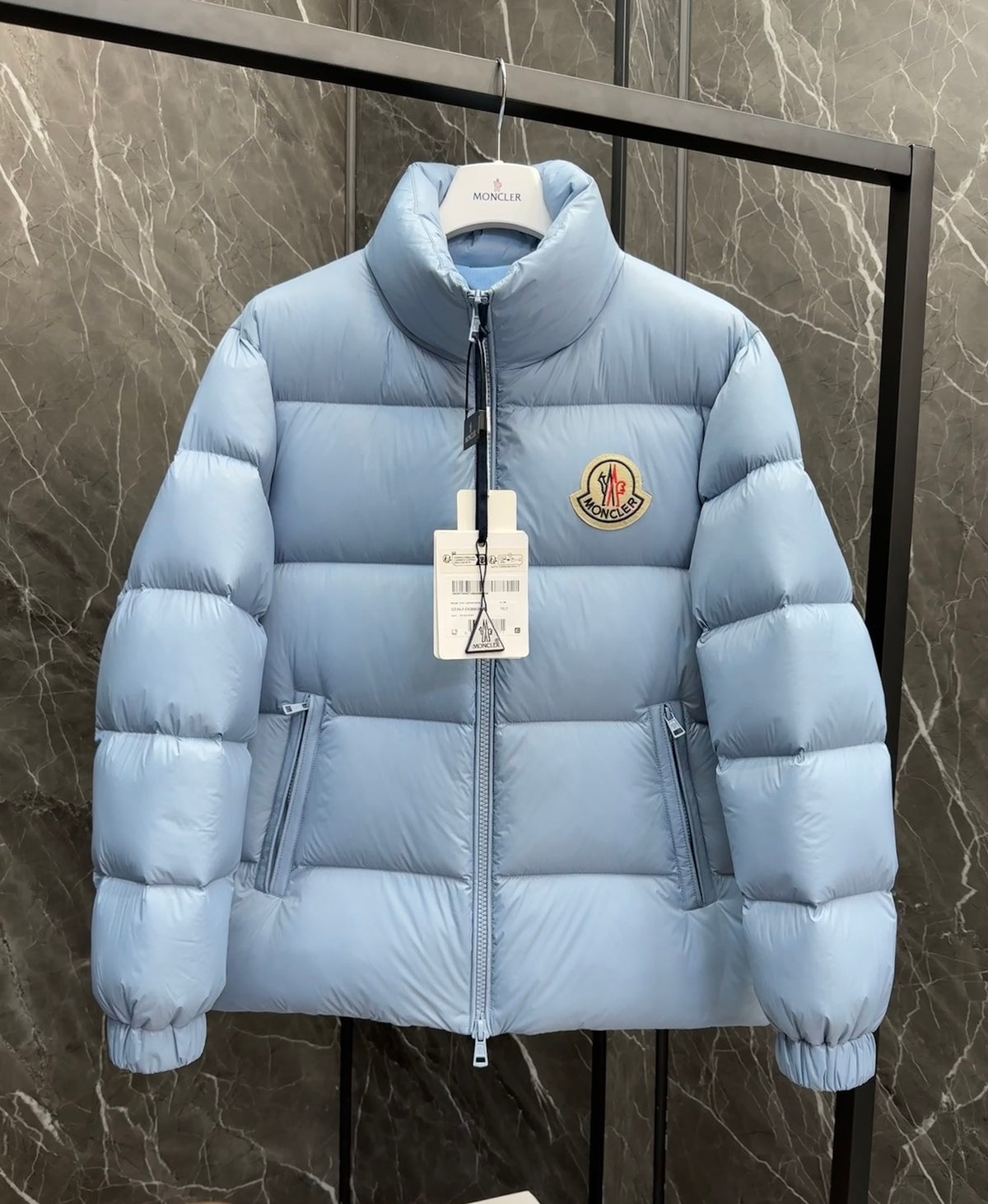 Moncler Large-Logo Stand-Collar Puffer Jacket in Light Blue