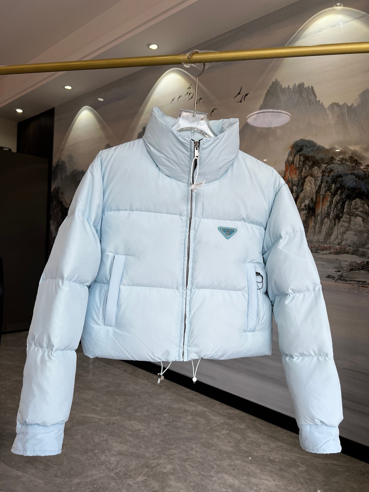Prada Cropped Stand-Collar Puffer Jacket in Light Blue