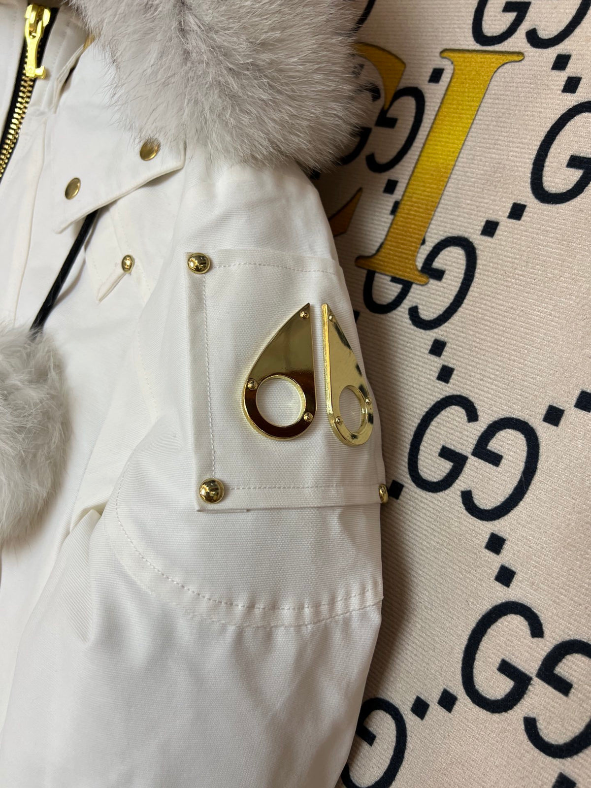 Moose Knuckles Women's White Hooded Bomber Jacket
