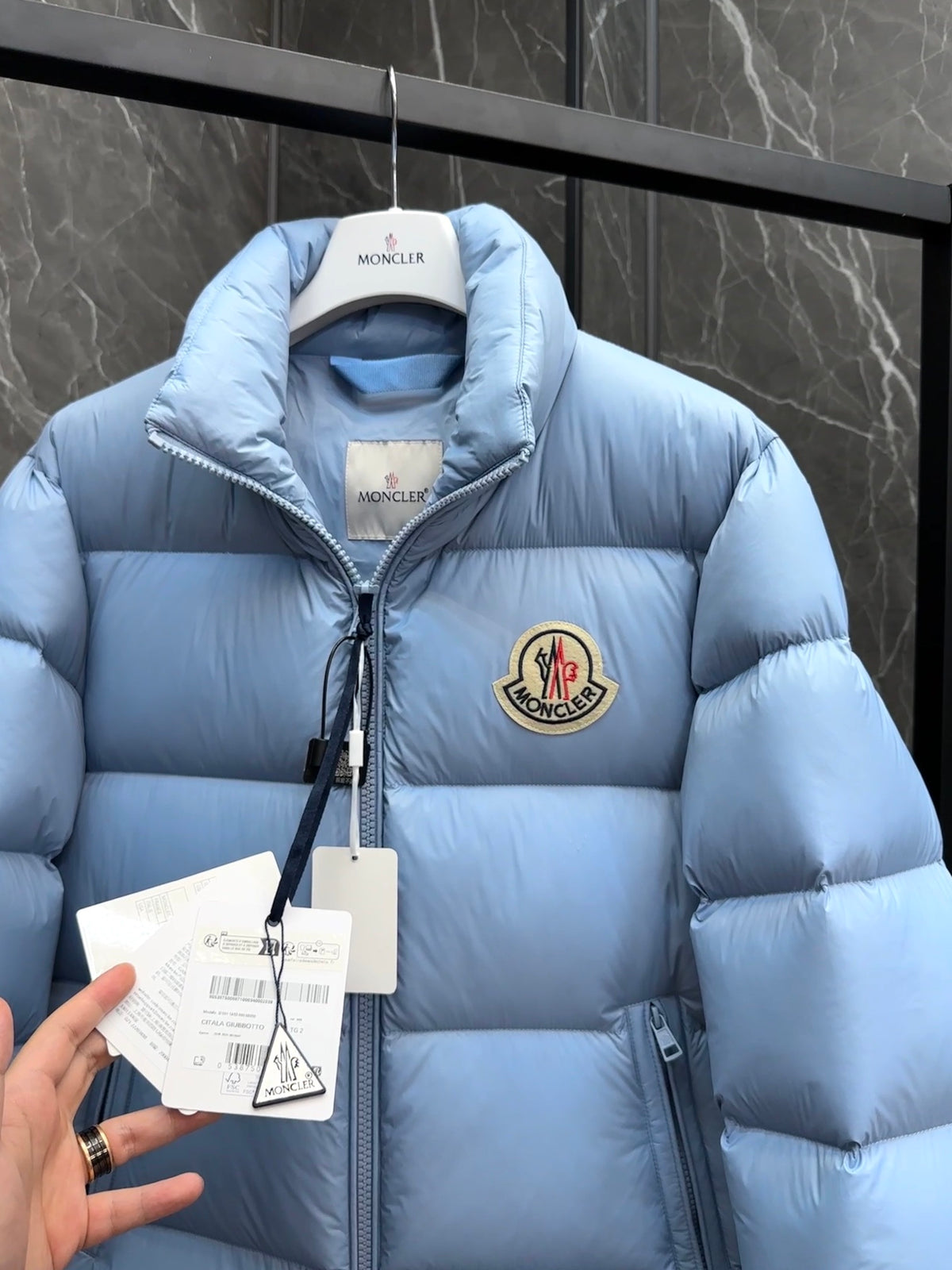 Moncler Large-Logo Stand-Collar Puffer Jacket in Light Blue