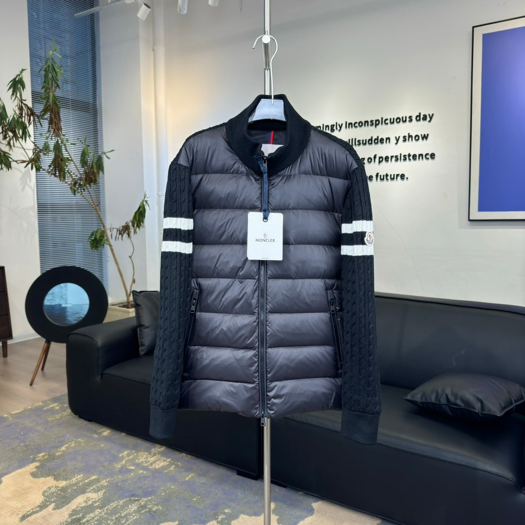 Moncler Quilted Knit Hybrid Jacket with Striped Sleeves