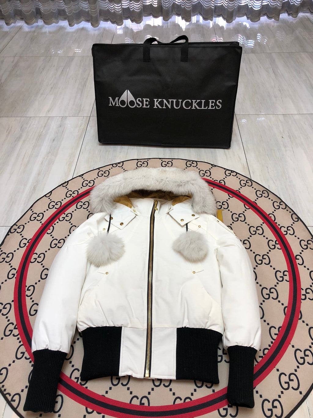 Moose Knuckles Women's White Hooded Bomber Jacket