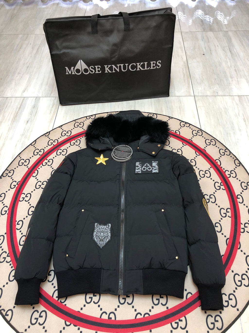 Moose Knuckles Unisex Black Hooded Bomber Jacket with Graphic Patches
