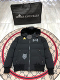 Moose Knuckles Unisex Black Hooded Bomber Jacket with Graphic Patches