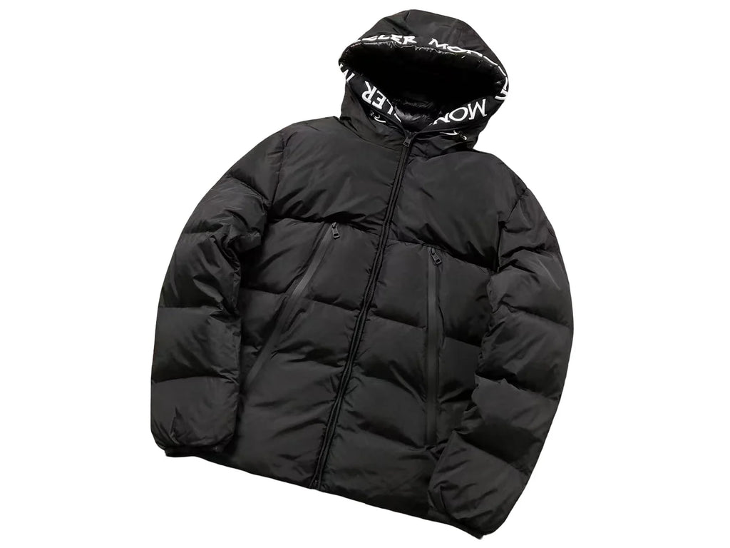 Moncler Black Hooded Puffer Jacket with Logo Lettering