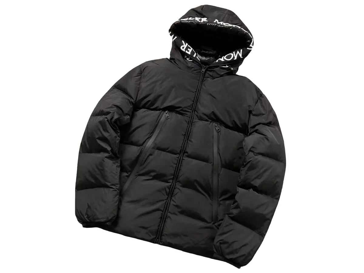 Moncler Black Hooded Puffer Jacket with Logo Lettering