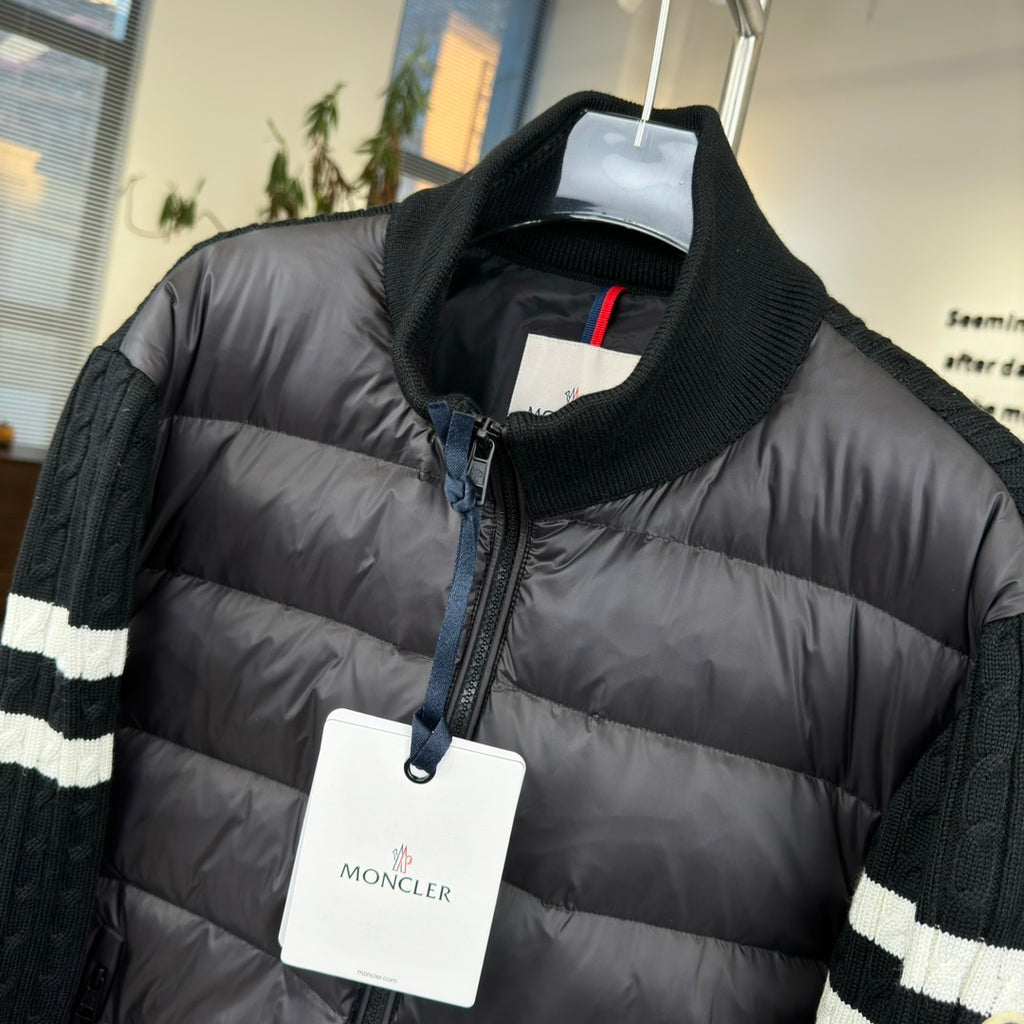 Moncler Quilted Knit Hybrid Jacket with Striped Sleeves