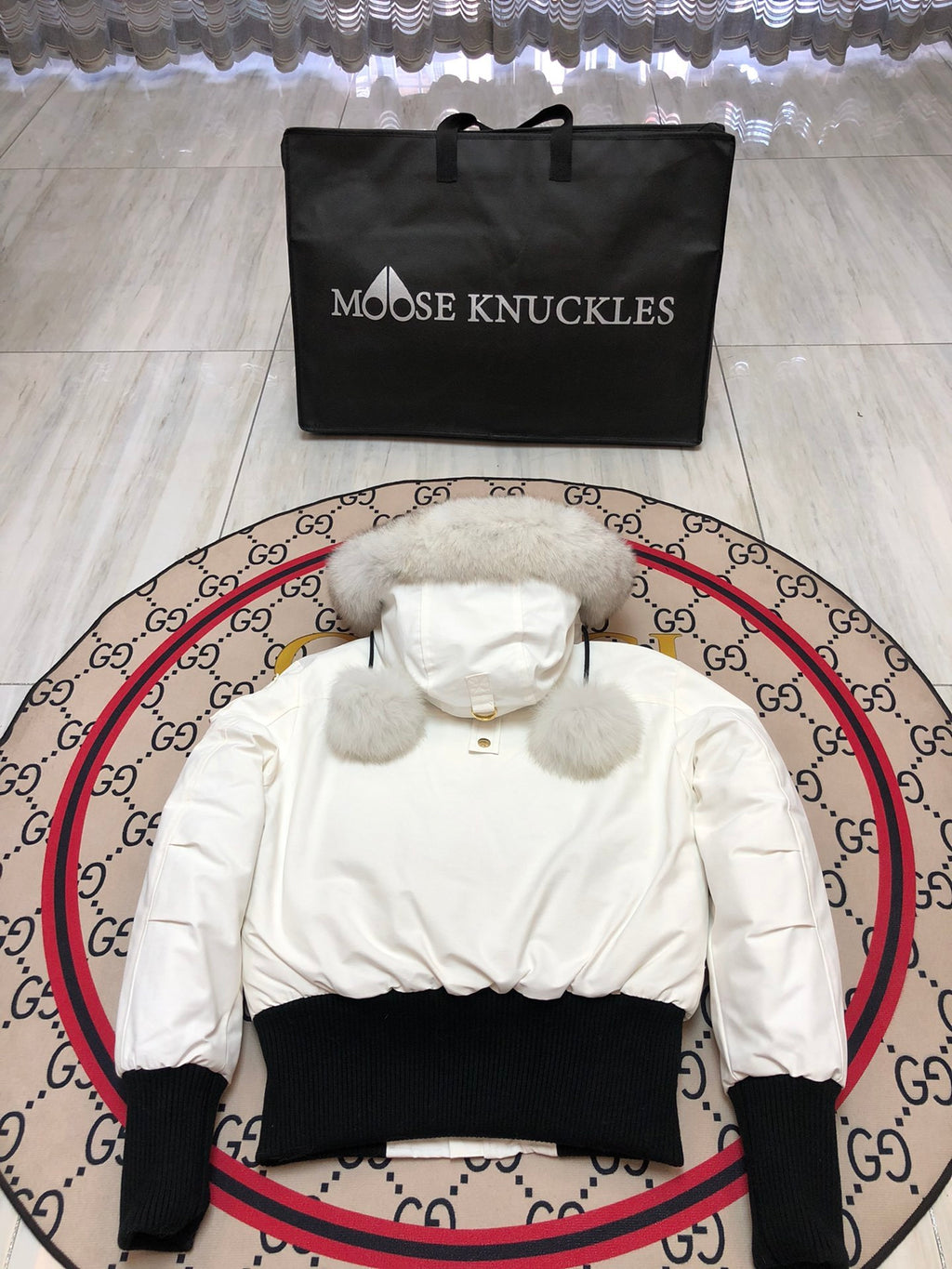 Moose Knuckles Women's White Hooded Bomber Jacket