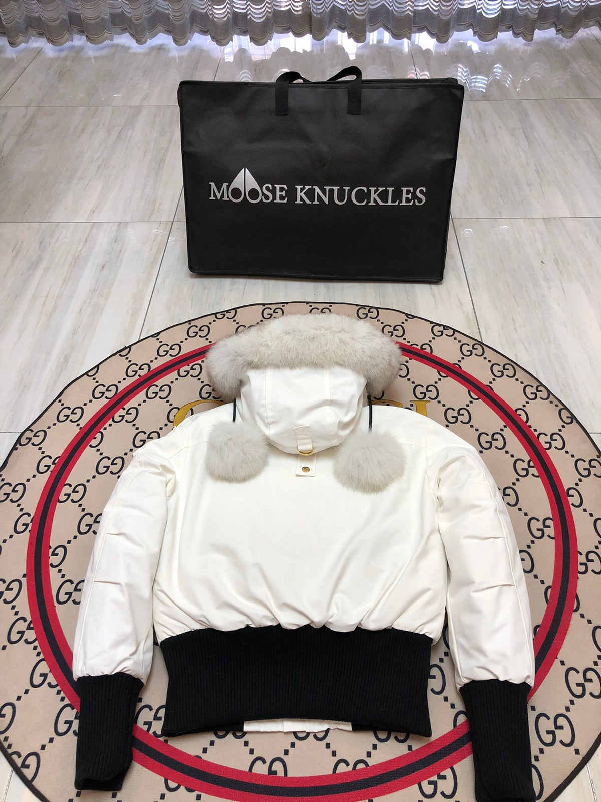 Moose Knuckles Women's White Hooded Bomber Jacket